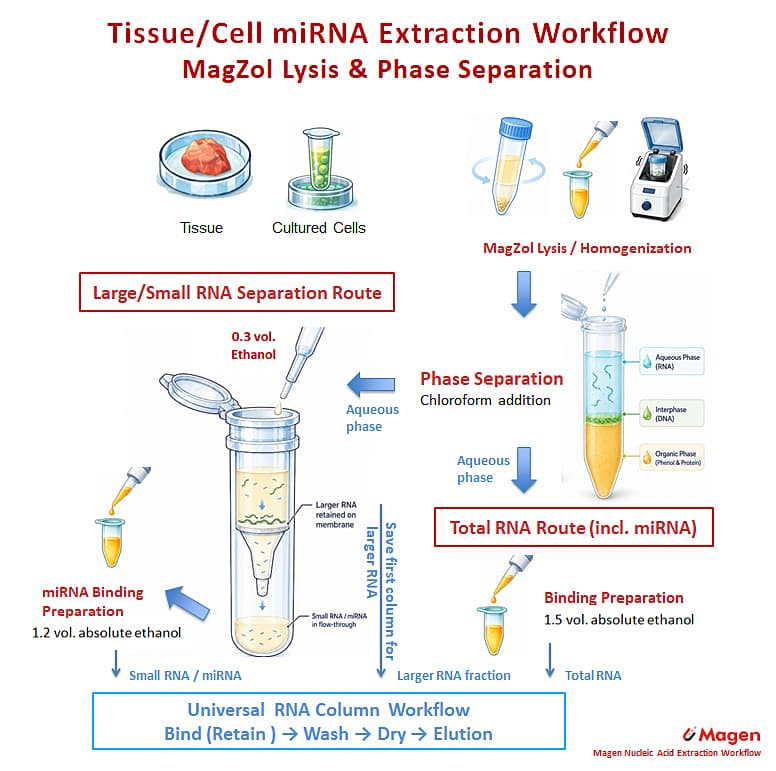 Flujo de trabajo R4310 de extracción de miRNA con MagZol, mostrando lisis con fenol-guanidina, separación de fases, recuperación de ARN total y fraccionamiento de ARN largo y ARN pequeño.